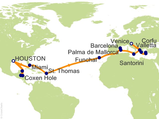 35 Night Caribbean  Transatlantic and Mediterranean from Houston Cruise from Houston