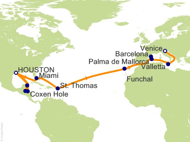 28 Night Caribbean  Transatlantic and Mediterranean from Houston Cruise from Houston