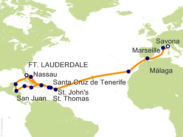 27 Night Caribbean  Spain  France  Italy Cruise from Fort Lauderdale